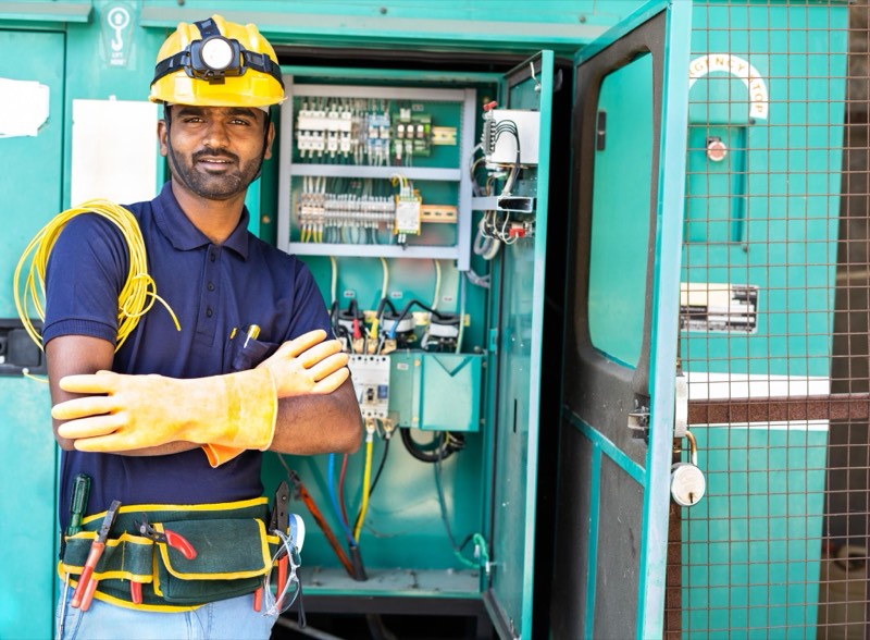 An electrician in a hard hat beside an open control panel